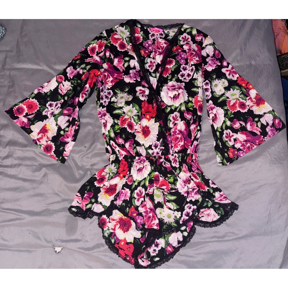 Betsey Johnson‎ Women's Black Multicolored Floral Lace Trim Romper,  Small
